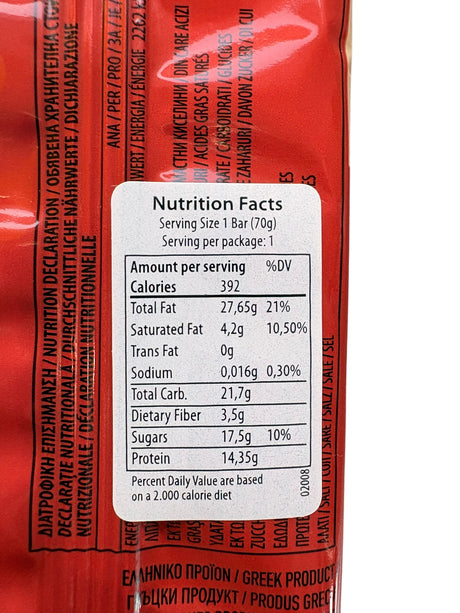 Nutrition facts label on a red product packaging