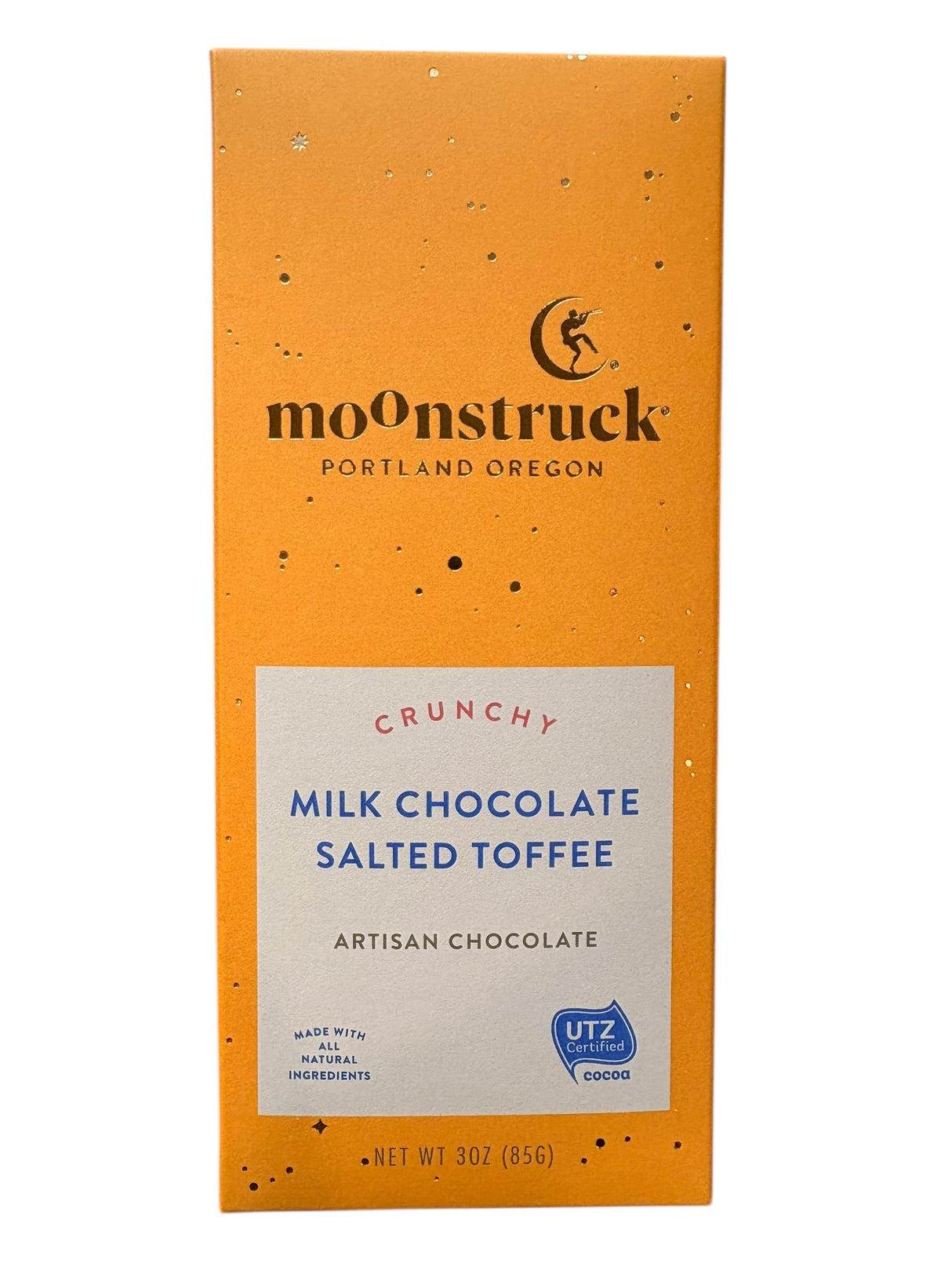 Moonstruck crunchy milk chocolate salted toffee packaging on a white background