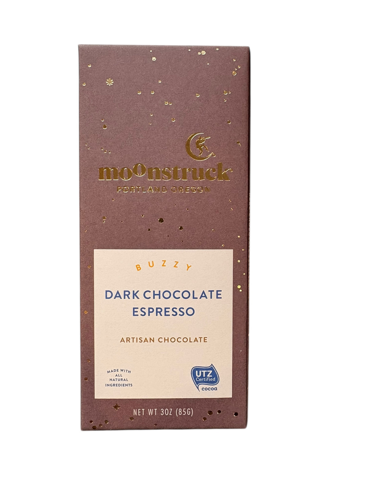 Moonstruck Buzzy Dark Chocolate Espresso bar packaging on a white background