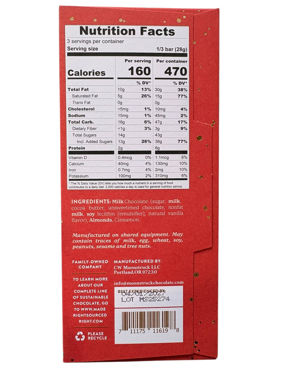 Nutrition facts label on a red chocolate bar packaging