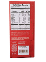 Nutrition facts label on a red chocolate bar packaging