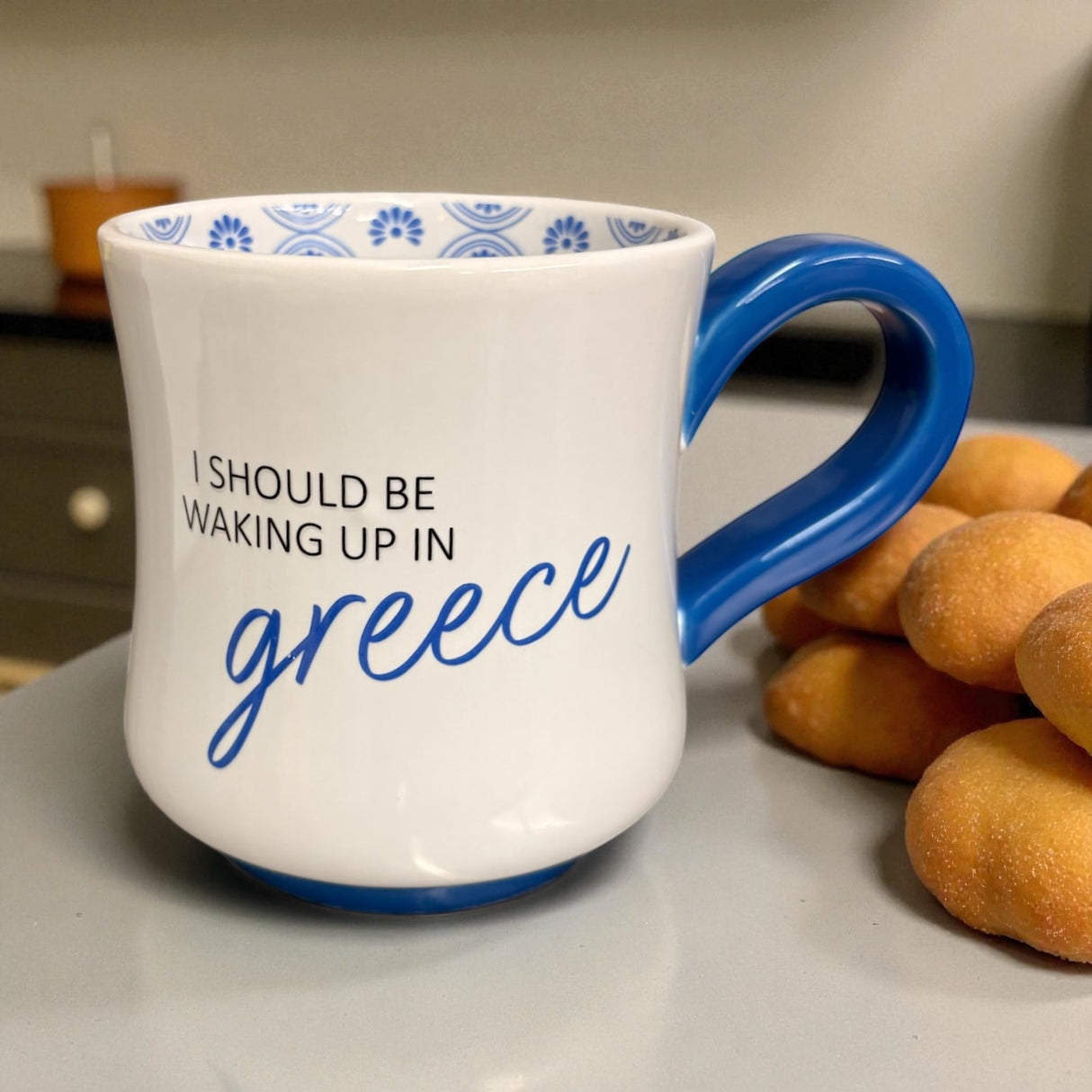 I Should Be Waking Up in Greece Ceramic Mug – Blue & White Greek-Inspired Mug