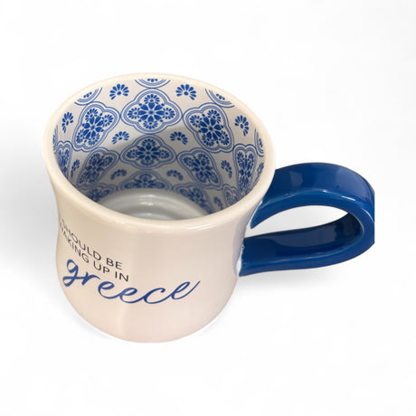 I Should Be Waking Up in Greece Ceramic Mug – Blue & White Greek-Inspired Mug