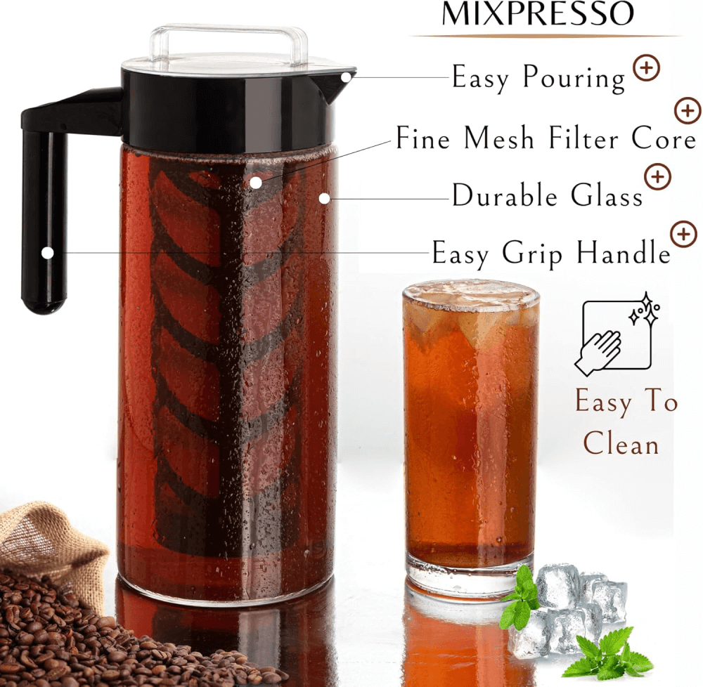 Mixpresso coffee maker with features highlighted and a glass of iced coffee.