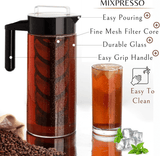 Mixpresso coffee maker with features highlighted and a glass of iced coffee.