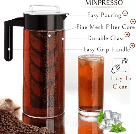 Mixpresso coffee maker with features highlighted and a glass of iced coffee.