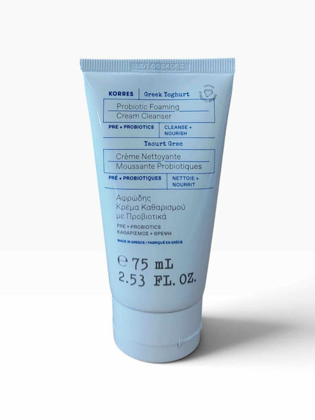 KORRES Greek Yogurt Probiotic Foaming Cream Cleanser tube, 75 milliliters, made in Greece