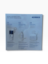 Back of KORRES Hydration Boost Trio box listing the three skincare products and sizes
