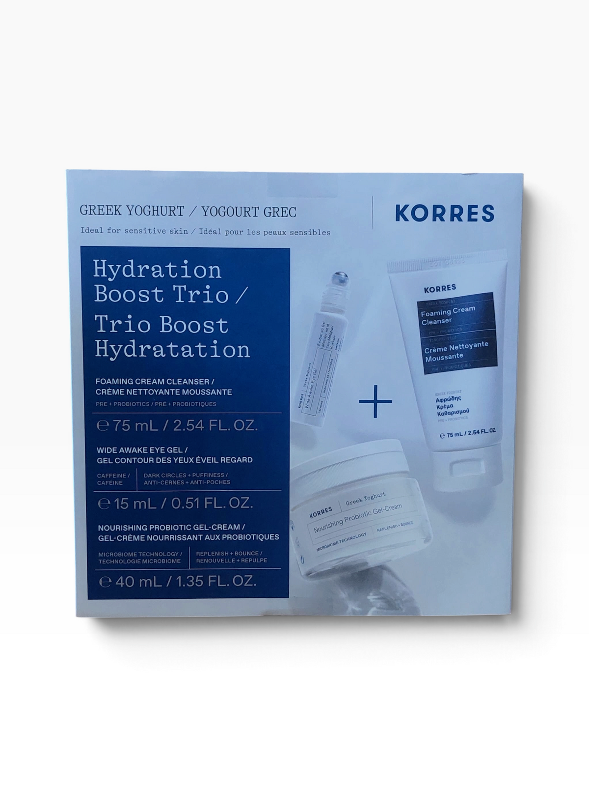 Front of KORRES Hydration Boost Trio skincare set with cleanser, eye gel, and probiotic gel-cream