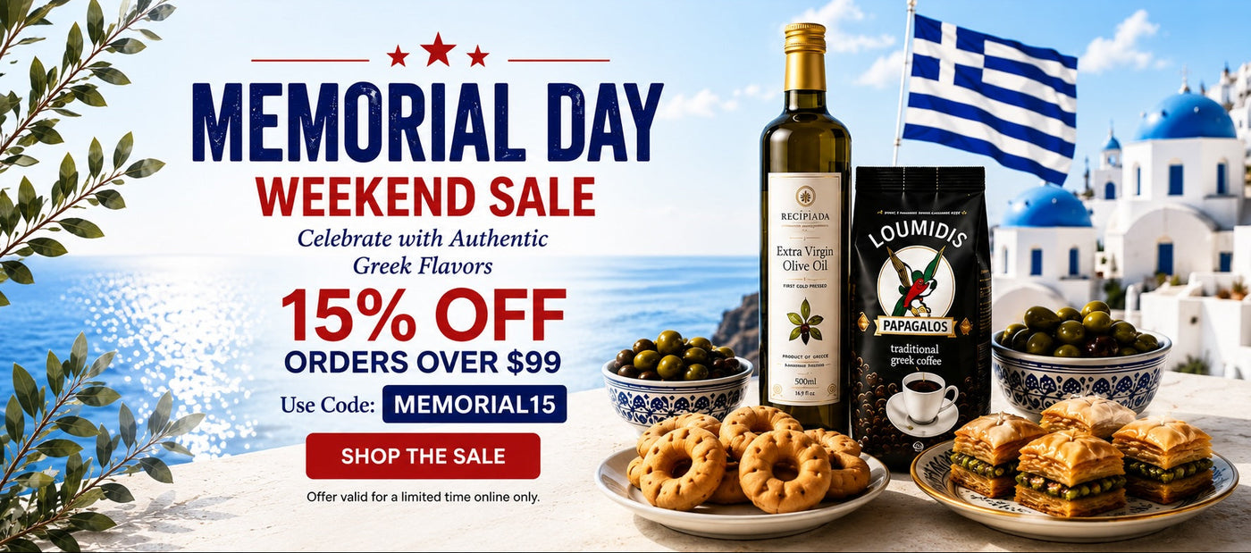 Memorial Day sale advertisement with Greek food and olive oil, featuring a Greek flag and traditional architecture.