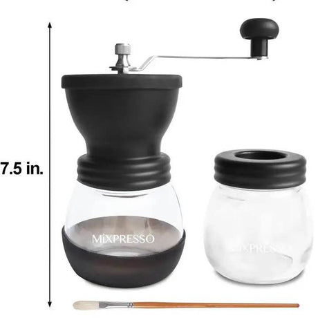 Manual coffee grinder set with a black hand-crank top, clear glass bean hopper labeled 'MIXPRESSO', a second empty glass jar with a black lid, and a small cleaning brush, shown on a white background with a 7.5 in.