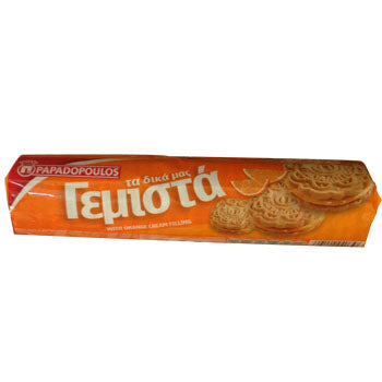 Papadopoulos sandwich cookie filled with orange (gemista)